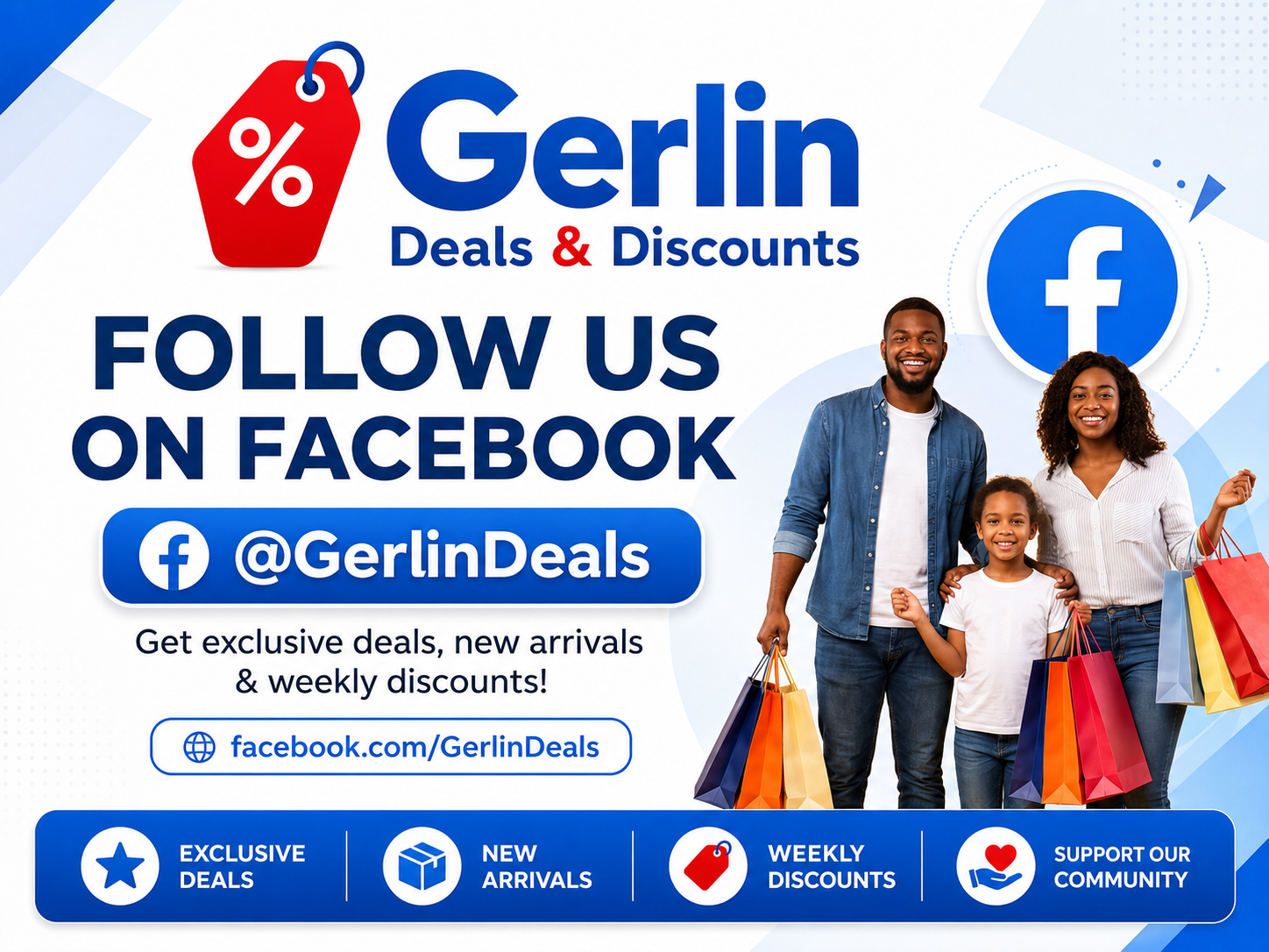 Follow Gerlin Deals & Discounts on Facebook for exclusive deals, new arrivals and weekly discounts